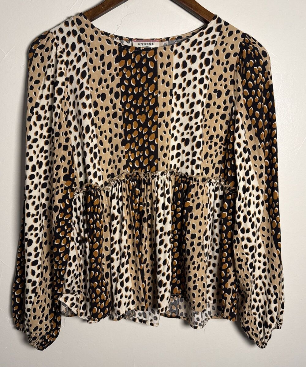 Andree by Unit Animal Leopard Print Baby Doll Top Women's Size Small Style 19899